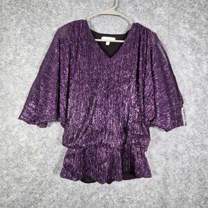 Chaus NY Women's Bell Sleeve Pullover Blouse Metallic Purple Size M